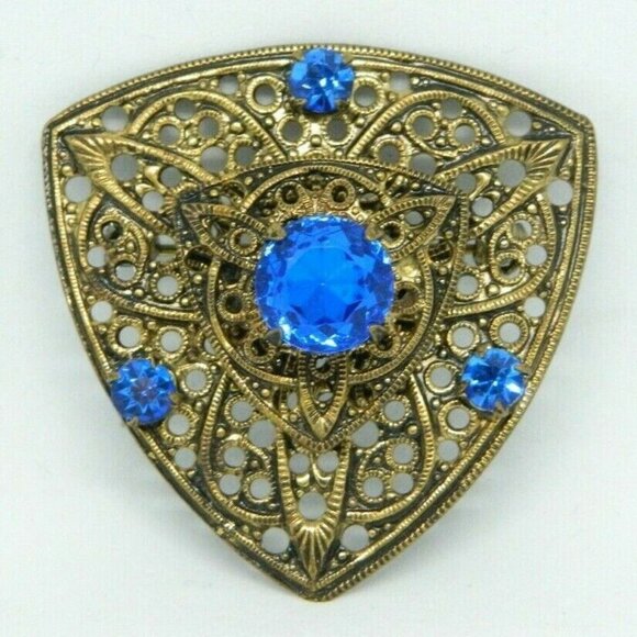 Blue Glass Rhinestone Gold Tone Filigree Shield - Picture 1 of 4